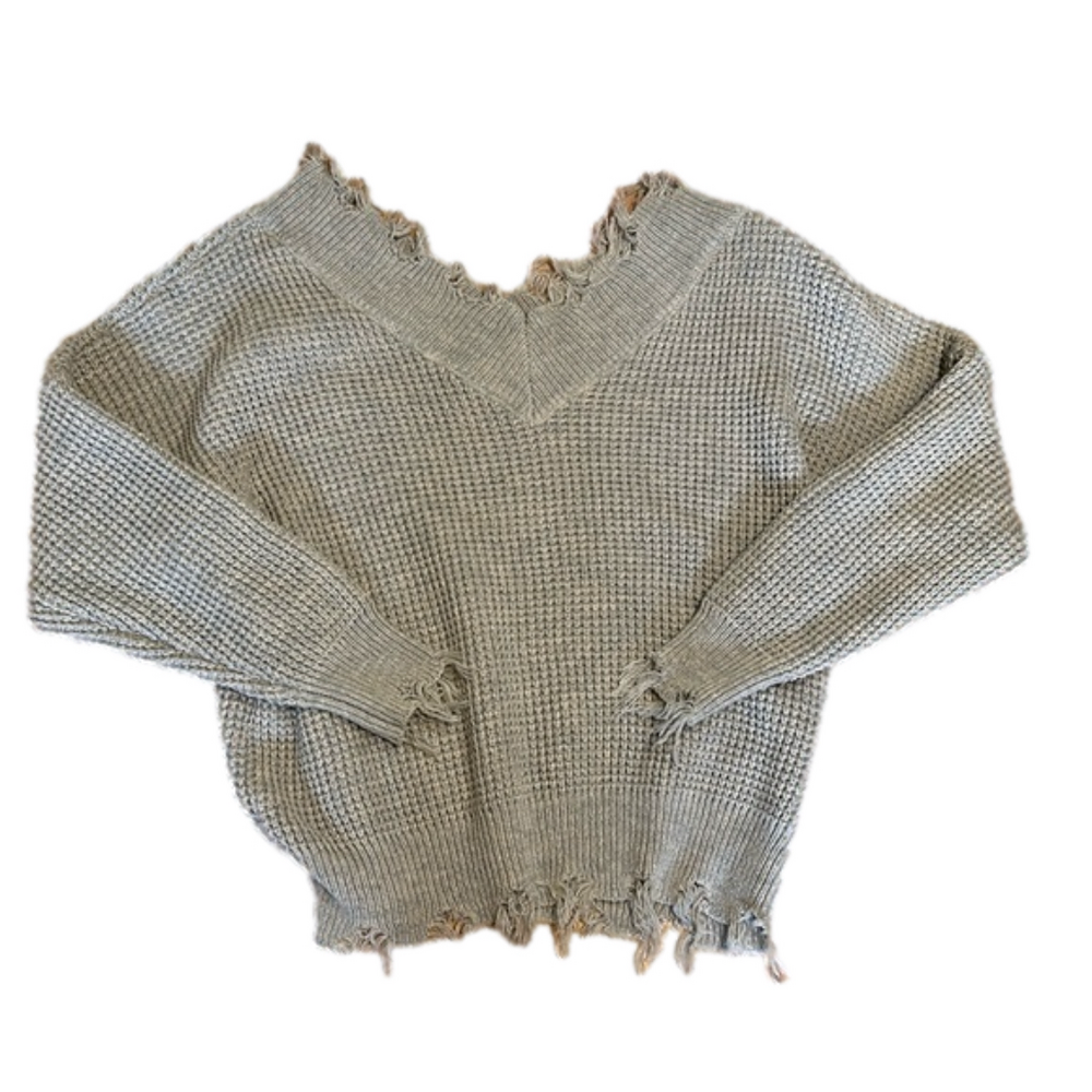 Zenana Distressed V-neck V-back size 2X waffle thick knot knit tan